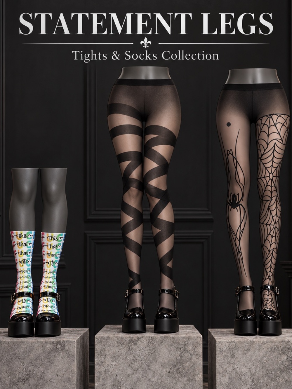 Black Sheer Patterned Tights & Statement Socks Trio